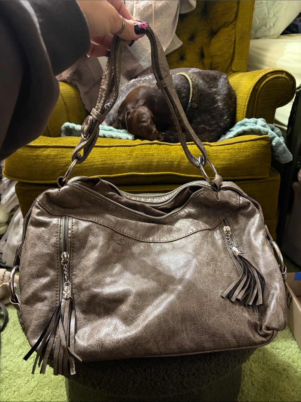 Women's Taupe Leather-Look Tassel Satchel